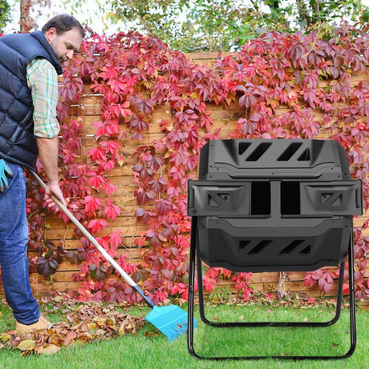 43 Gallon Rotating Compost Bin Barrel with Dual Chamber and Sliding Doors