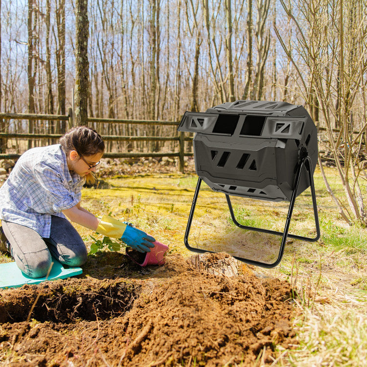 43 Gallon Rotating Compost Bin Barrel with Dual Chamber and Sliding Doors