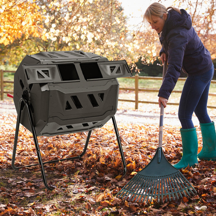 43 Gallon Rotating Compost Bin Barrel with Dual Chamber and Sliding Doors
