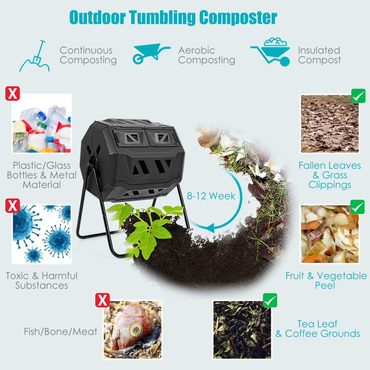 43 Gallon Rotating Compost Bin Barrel with Dual Chamber and Sliding Doors