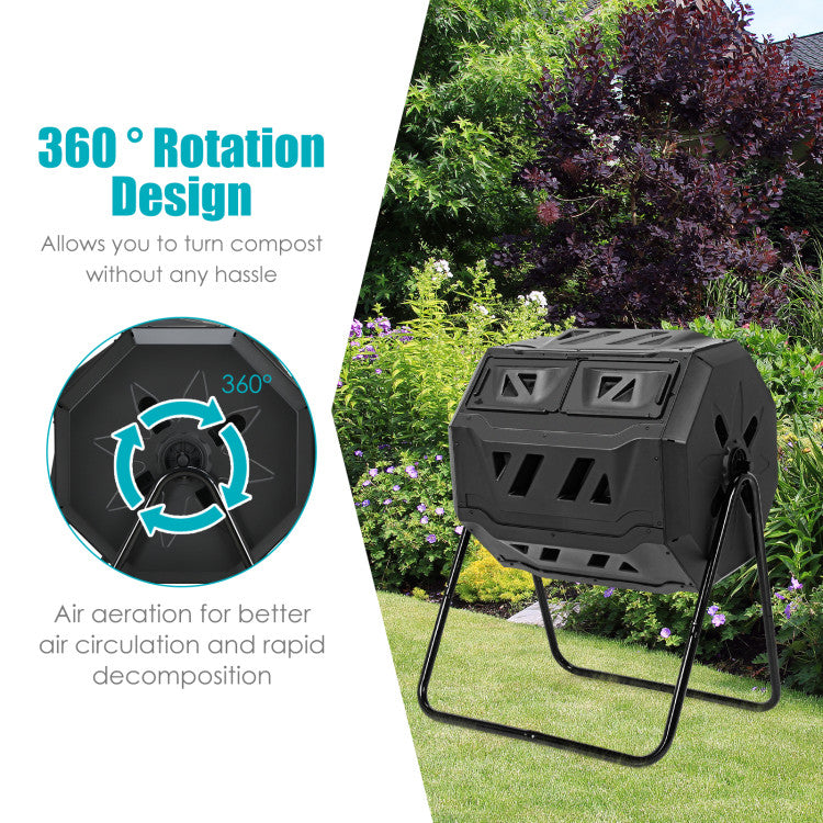 43 Gallon Rotating Compost Bin Barrel with Dual Chamber and Sliding Doors