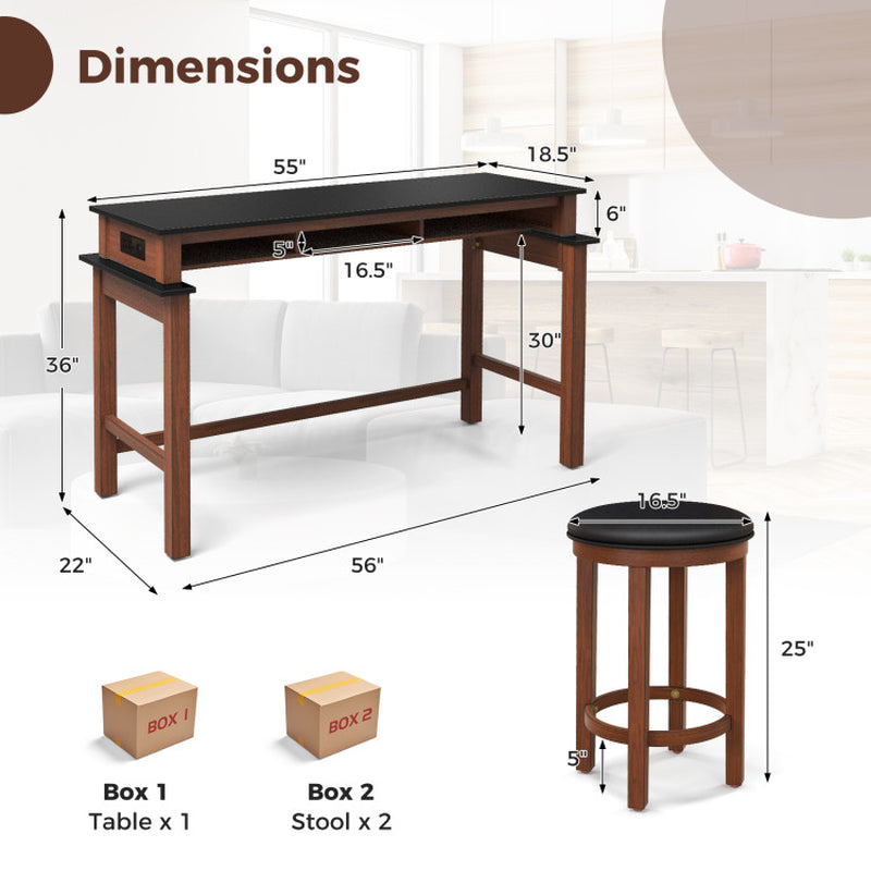 3-Piece Home Bar Set with 2 Upholstered Bar Stools, Outlets and USB Ports