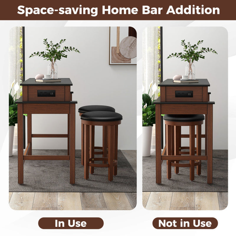 3-Piece Home Bar Set with 2 Upholstered Bar Stools, Outlets and USB Ports