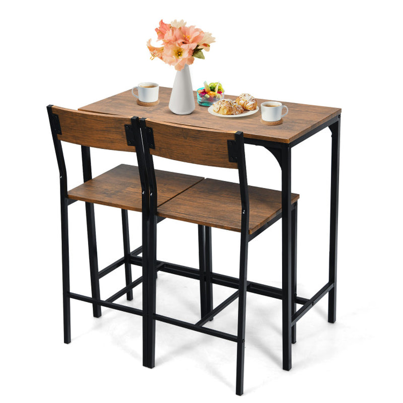3 Pieces Bar Table Set with 2 Chairs Narrow Bar Furniture
