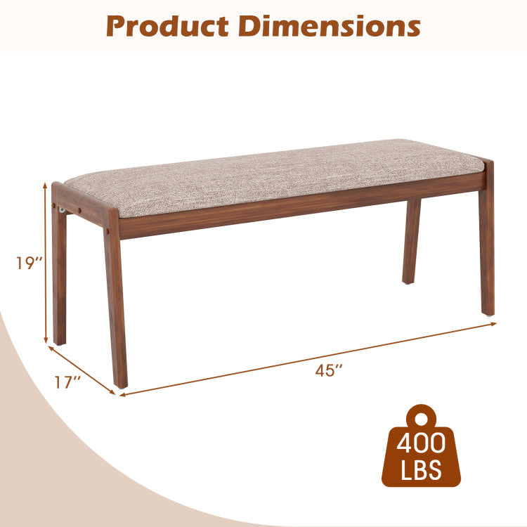45 Inch Farmhouse Backless Bench with Rubber Wood Legs and Fabric Padded Seat