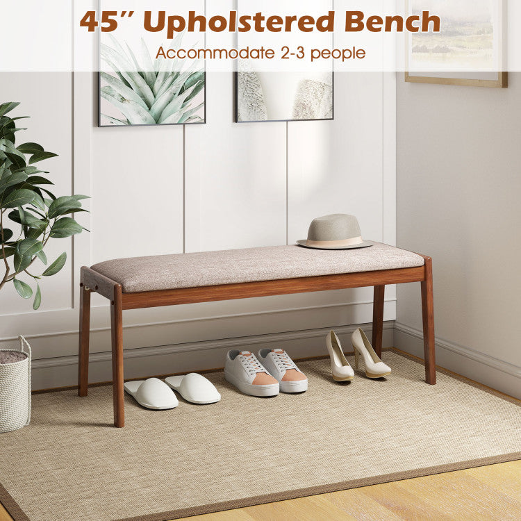 45 Inch Farmhouse Backless Bench with Rubber Wood Legs and Fabric Padded Seat