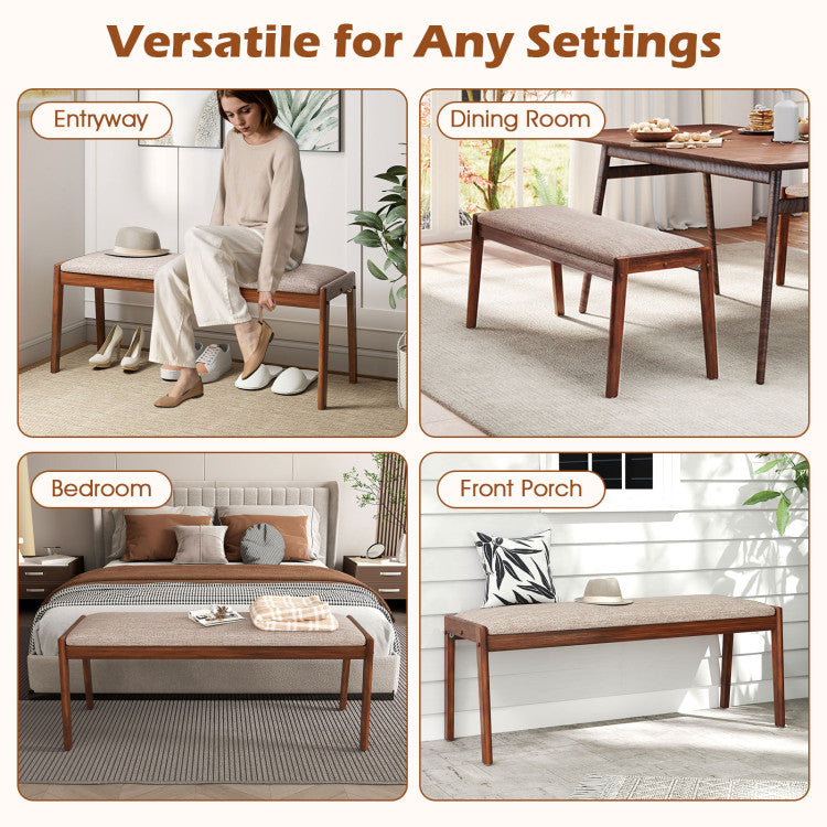 45 Inch Farmhouse Backless Bench with Rubber Wood Legs and Fabric Padded Seat