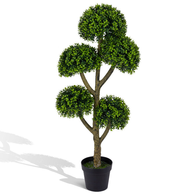 46-Inch Artificial Boxwood Topiary Tree Fake Potted Boxwood Tree with 5 Ball-Shaped Topiaries