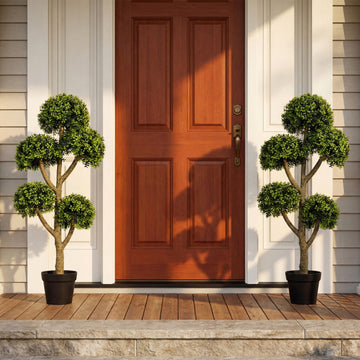 46-Inch Artificial Boxwood Topiary Tree Fake Potted Boxwood Tree with 5 Ball-Shaped Topiaries
