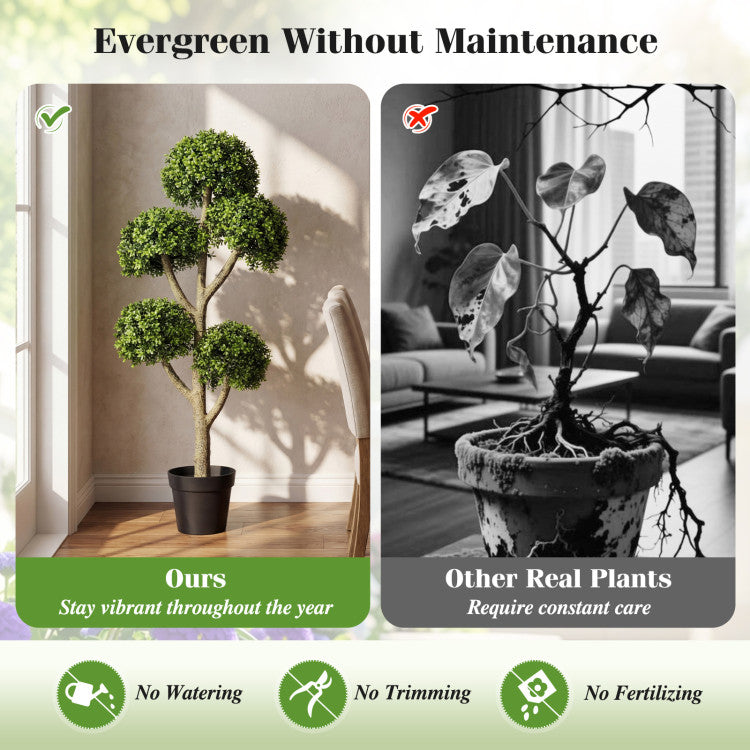 46-Inch Artificial Boxwood Topiary Tree Fake Potted Boxwood Tree with 5 Ball-Shaped Topiaries