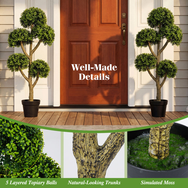 46-Inch Artificial Boxwood Topiary Tree Fake Potted Boxwood Tree with 5 Ball-Shaped Topiaries