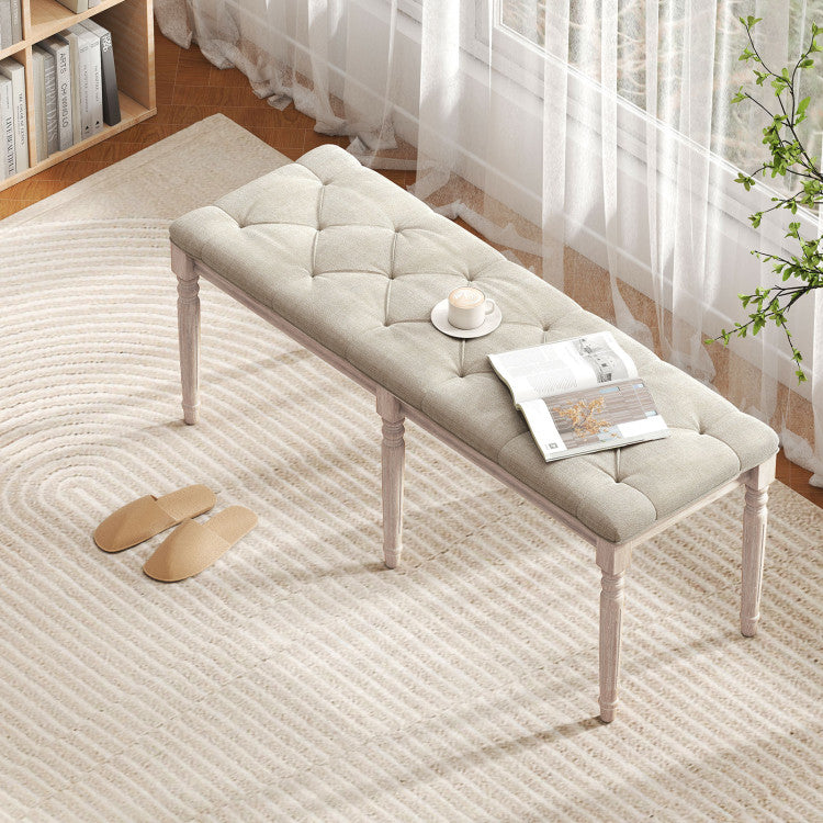 47.5 Inch Upholstered Bench with Carved Rubber Wood Legs and Padded Seat