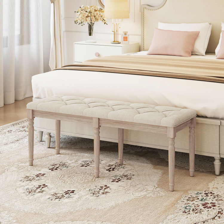 47.5 Inch Upholstered Bench with Carved Rubber Wood Legs and Padded Seat