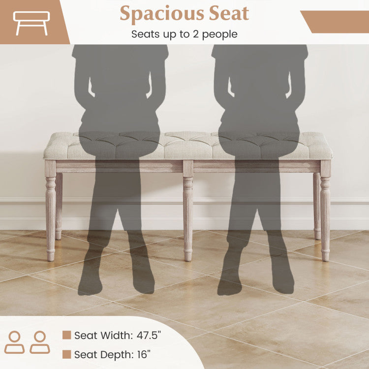 47.5 Inch Upholstered Bench with Carved Rubber Wood Legs and Padded Seat