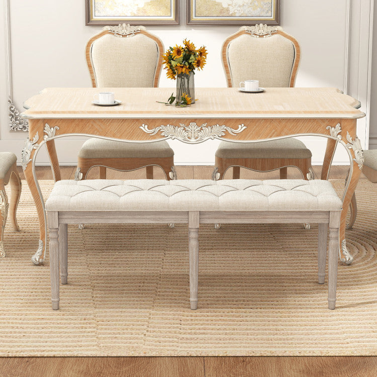 47.5 Inch Upholstered Bench with Carved Rubber Wood Legs and Padded Seat