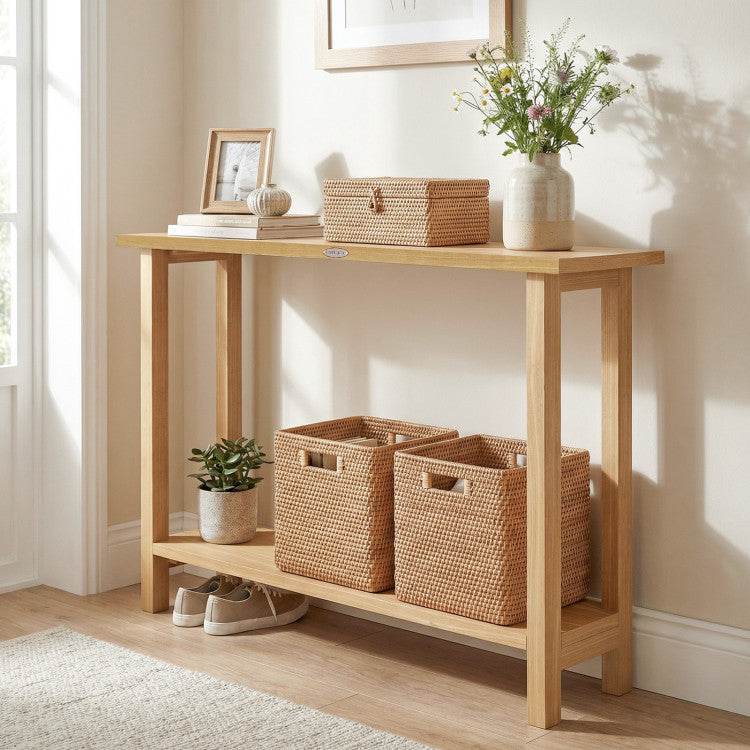 47 Inch Solid Wood Console Table with Teak Wood Frame and Storage Shelf