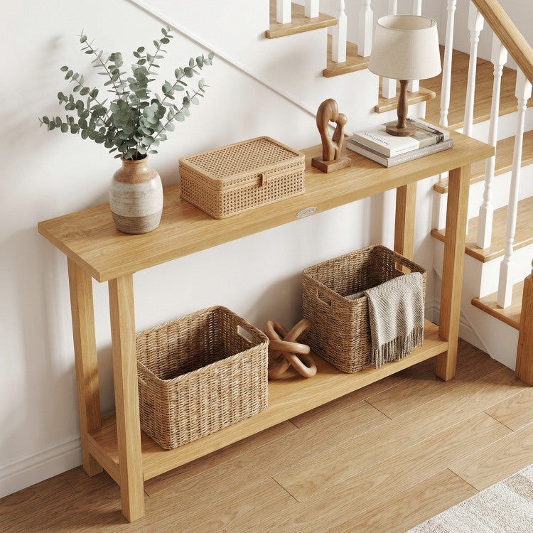 47 Inch Solid Wood Console Table with Teak Wood Frame and Storage Shelf