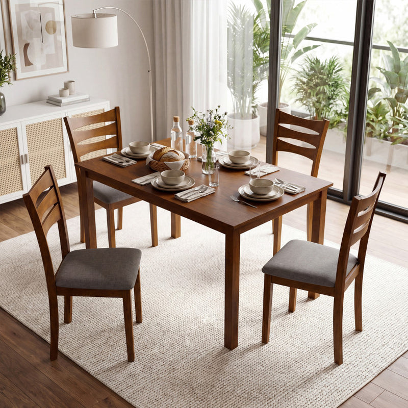 5-Piece Dining Table Set with Linen Fabric Upholstered Chairs and Solid Rubber Wood Frame for 4 People