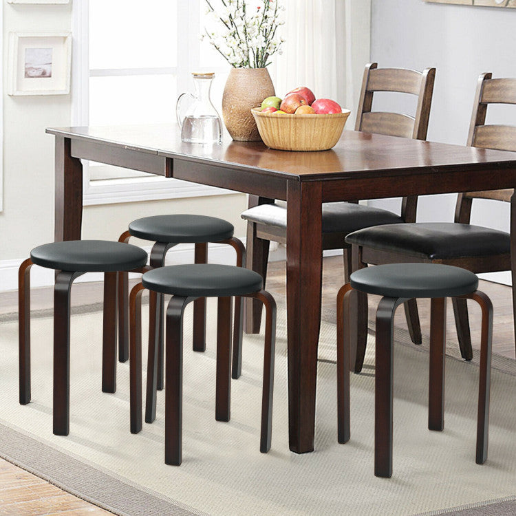 4-Pack Bentwood Stack Stools with PU Leather Round Top