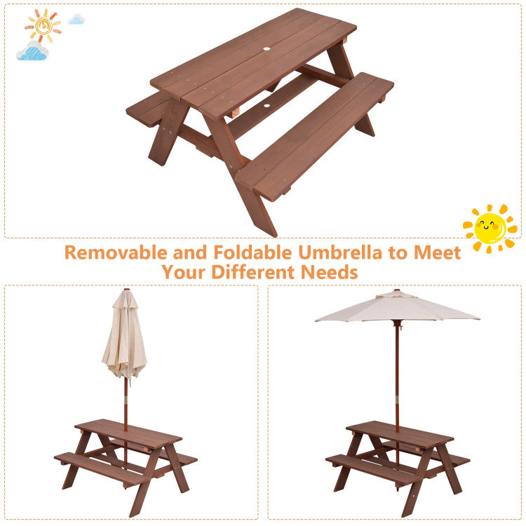 Outdoor 4-Seat Kids Picnic Table Bench Set with Removable Umbrella