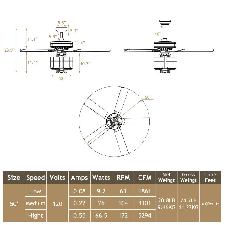 50 Inch Noiseless Ceiling Fan Light with Explosion-proof Glass Lampshades
