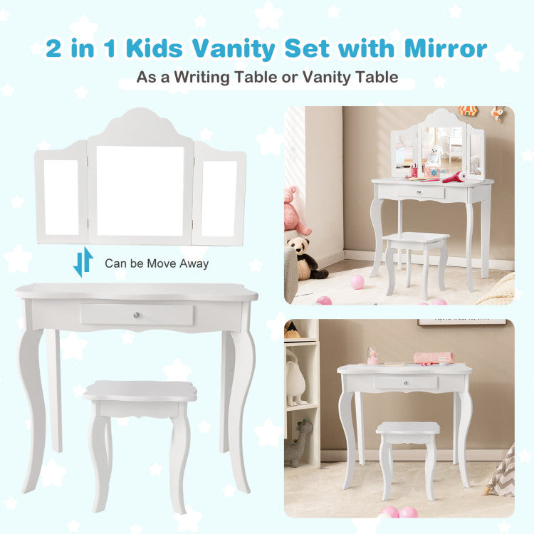 Kids Dressing Vanity Set with Detachable Tri-Folding Mirror and Stool
