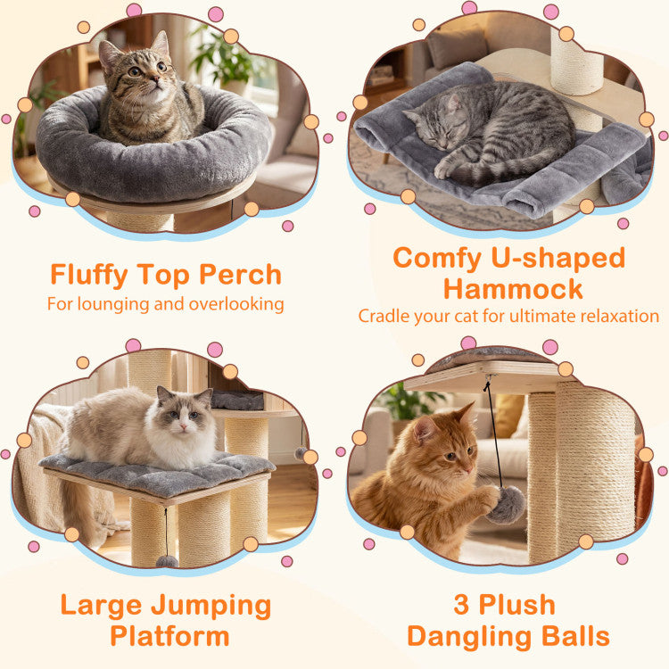4-Layer 68.5-Inch Wooden Cat Tree Condo Activity Tower with Sisal Posts