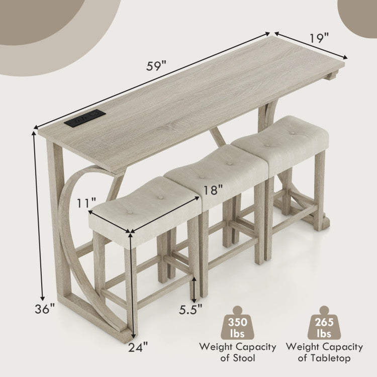 4-Piece Bar Table Set with Power Outlet and Upholstered Saddle Seat Stools
