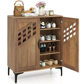 4 Tier Farmhouse Shoe Storage Cabinet with Removable Shelves and Metal Legs