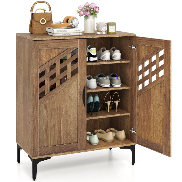 4 Tier Farmhouse Shoe Storage Cabinet with Removable Shelves and Metal Legs