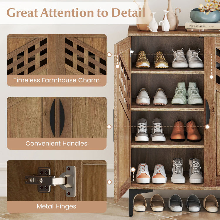 4 Tier Farmhouse Shoe Storage Cabinet with Removable Shelves and Metal Legs