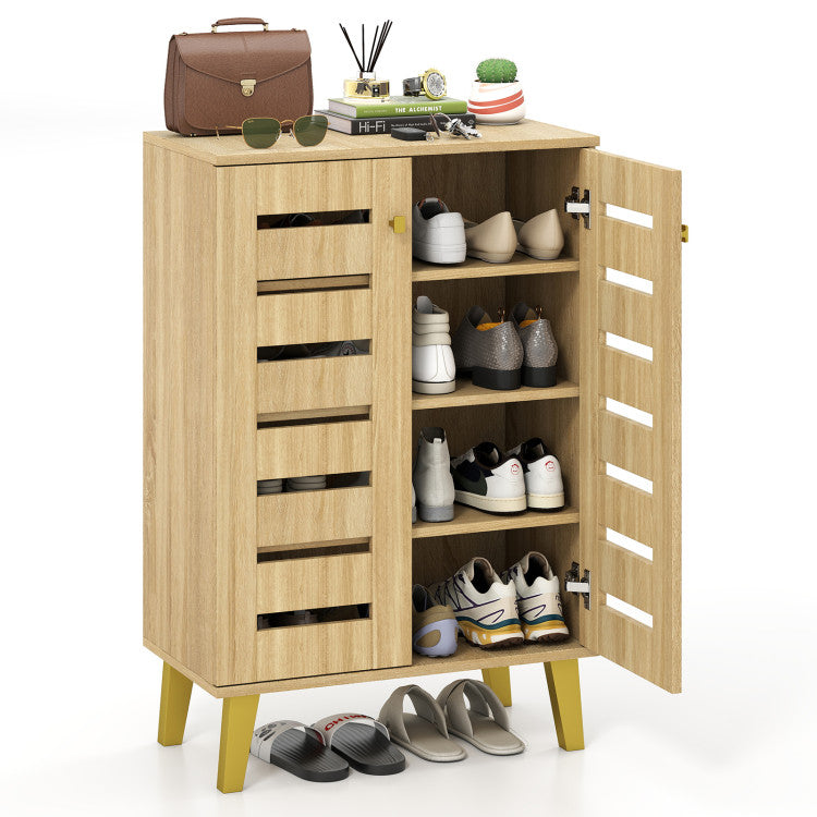 4-Tier Modern Freestanding Wooden Shoe Cabinet with Doors and Removable Shelves