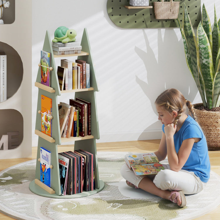 4 Tier Tree Shape Kids Rotating Bookshelf 360° Display Rack Storage Organizer