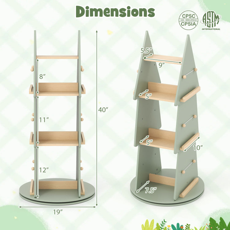 4 Tier Tree Shape Kids Rotating Bookshelf 360° Display Rack Storage Organizer