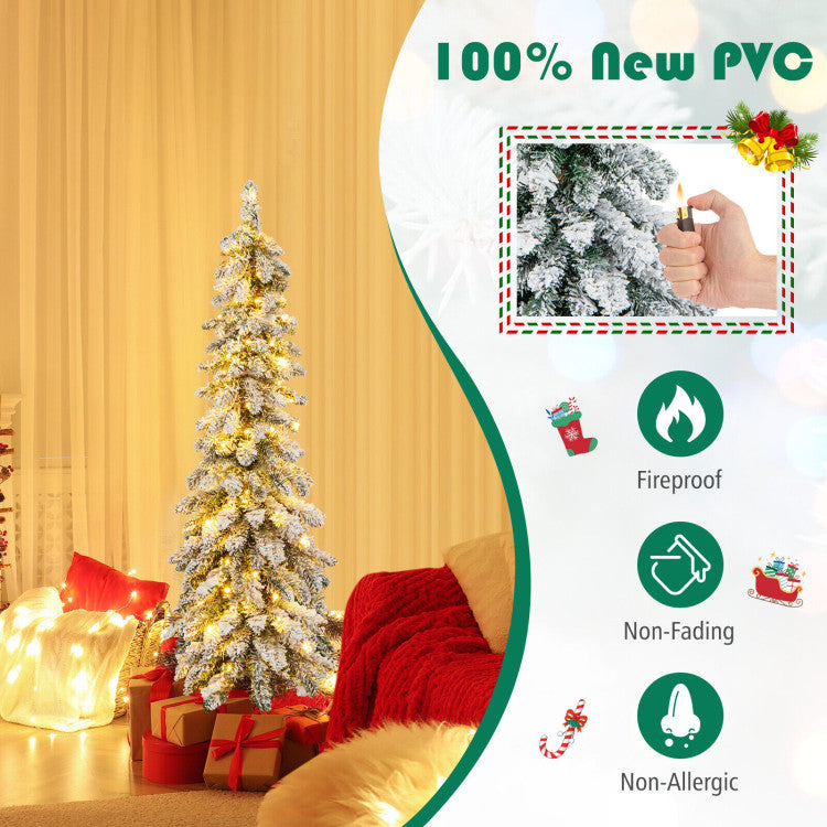 4/5/6 Feet Pre-Lit Artificial Christmas Tree Snow-Flocked Slim Pencil Xmas Decor