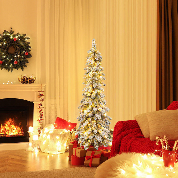 4/5/6 Feet Pre-Lit Artificial Christmas Tree Snow-Flocked Slim Pencil Xmas Decor