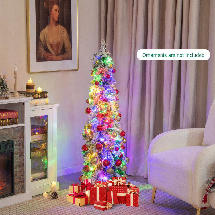4/5/6 Feet Pre-Lit Artificial Christmas Tree Snow-Flocked Slim Pencil Xmas Decor
