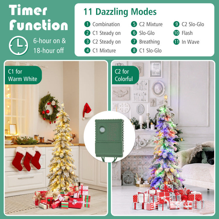 4/5/6 Feet Pre-Lit Artificial Christmas Tree Snow-Flocked Slim Pencil Xmas Decor