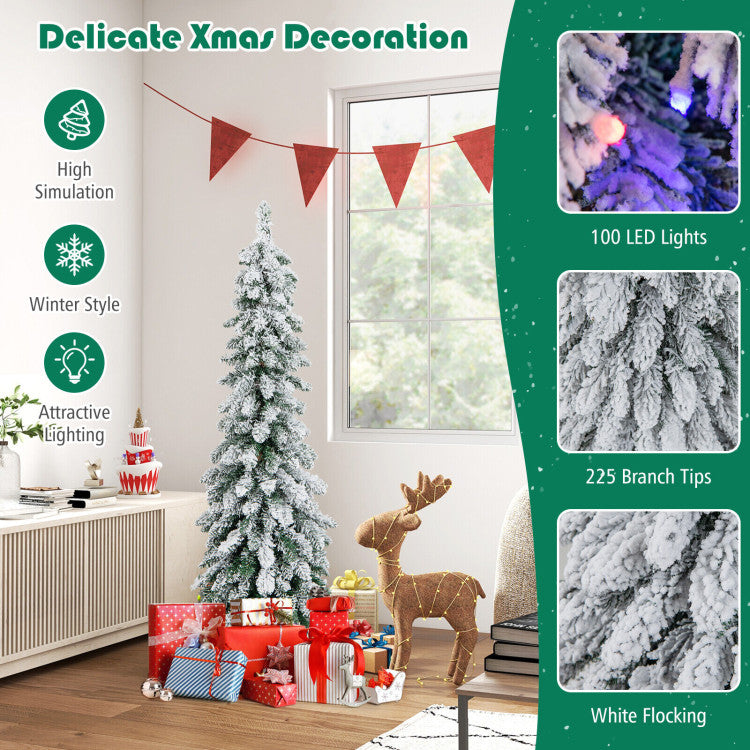 4/5/6 Feet Pre-Lit Artificial Christmas Tree Snow-Flocked Slim Pencil Xmas Decor