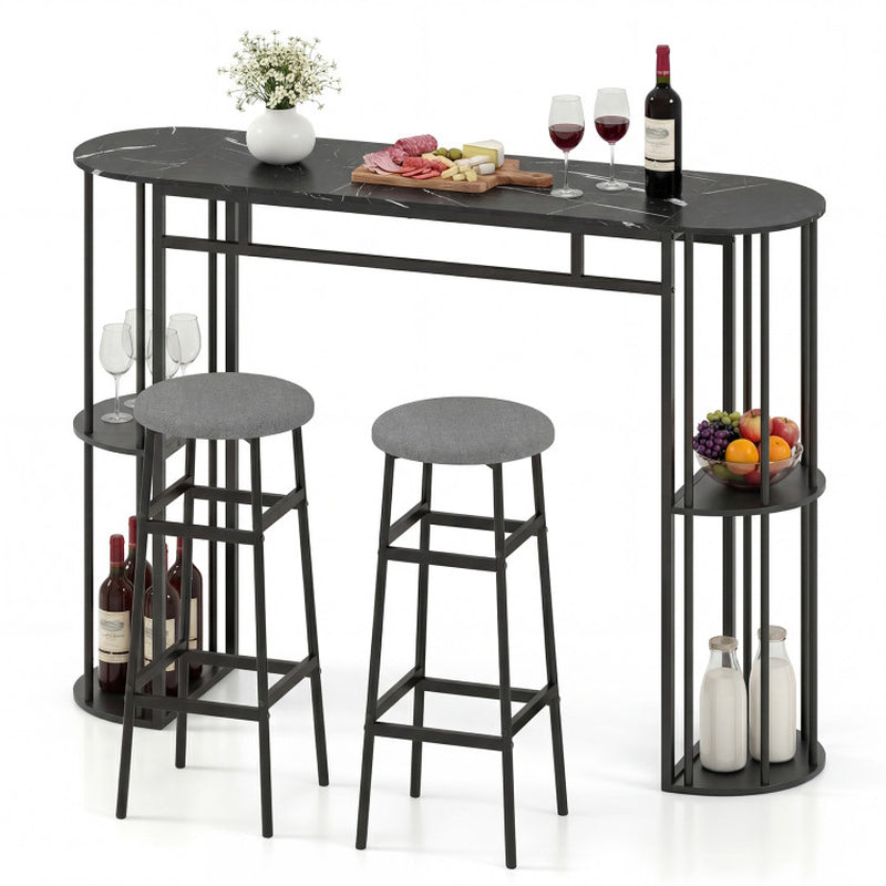60 Inch Dining Table and 2 Upholstered Barstools with Faux Marble Tabletop
