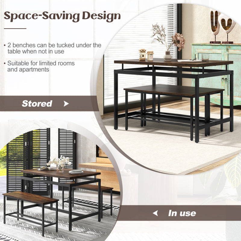 3 Pieces Dining Table Set with Wooden Kitchen Table and 2 Benches