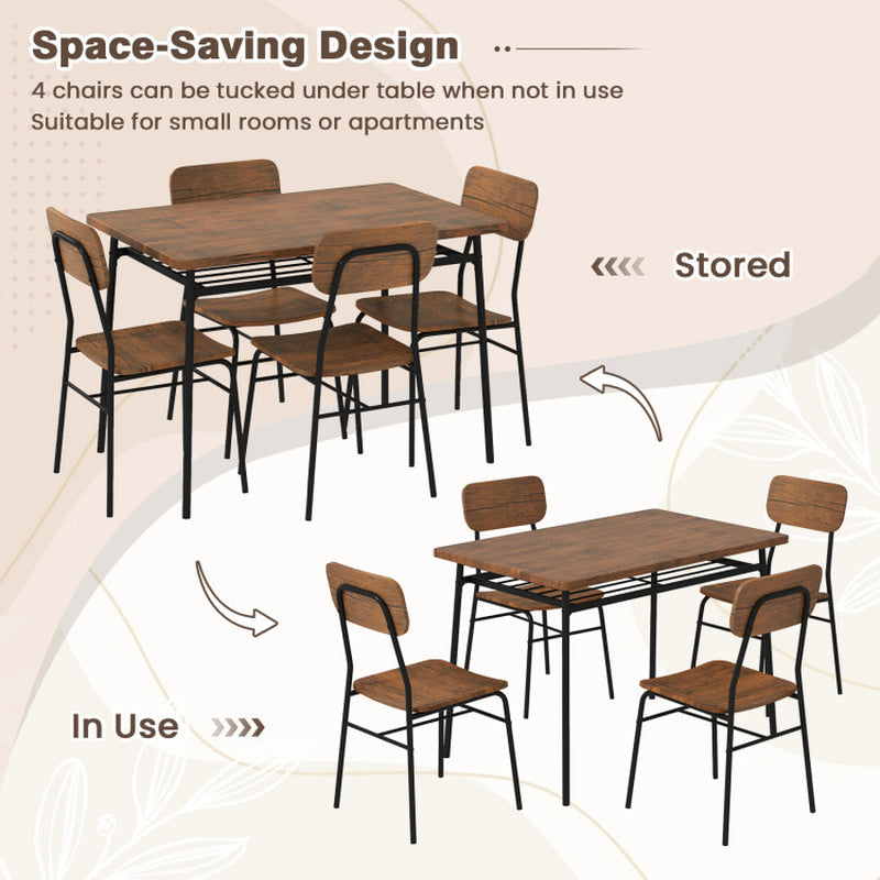 5-Piece Table Set for 4 with Metal Frame and Storage Rack