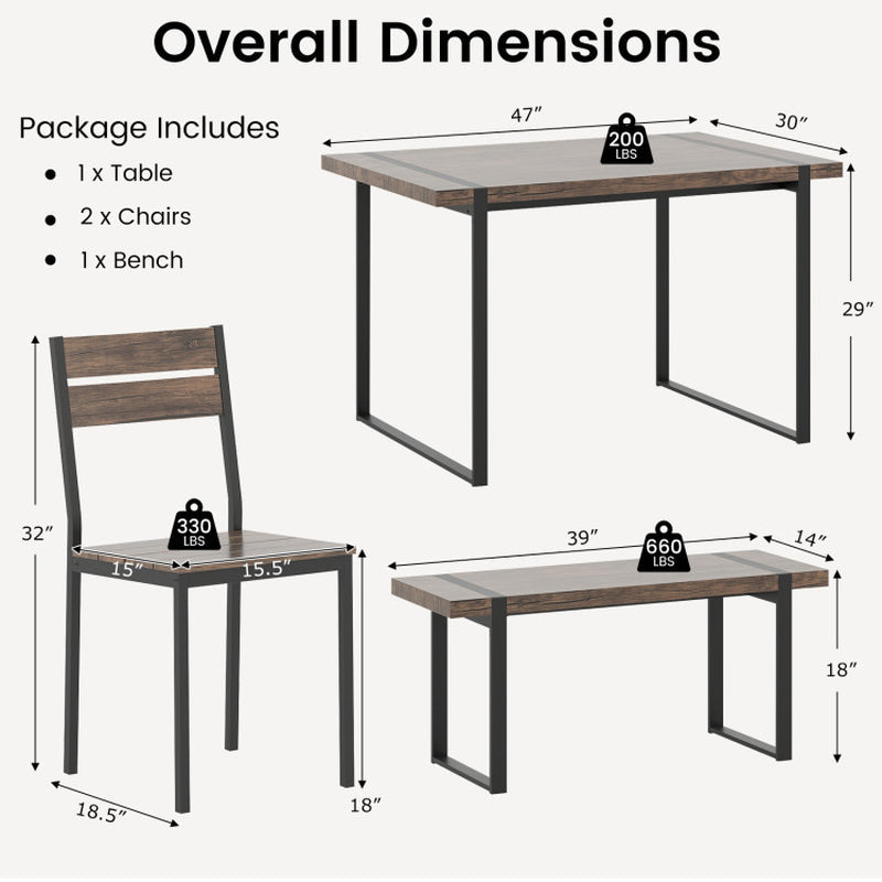 4-Piece Dining Table Set for 4 with 1 Bench and 2 Chairs