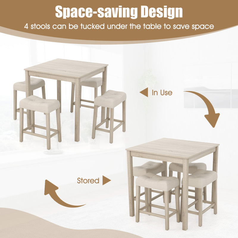5 Pieces Bar Table Set with Square Table and 4 Padded Stools