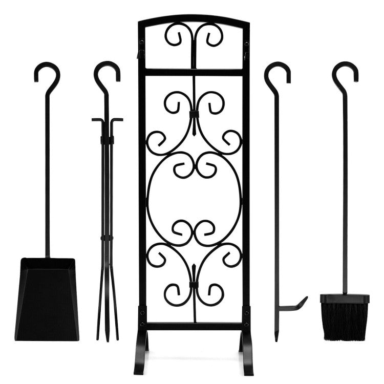 5 Piece Wrought Iron Fireplace Tools with Decor Holder