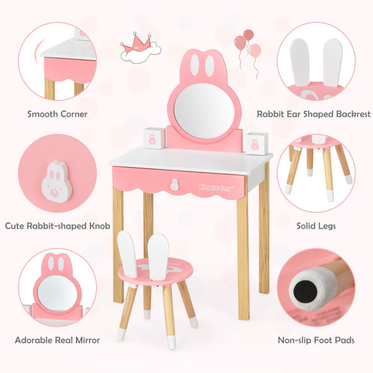 Kids Rabbit Vanity Table Chair Set with Mirror and Drawer