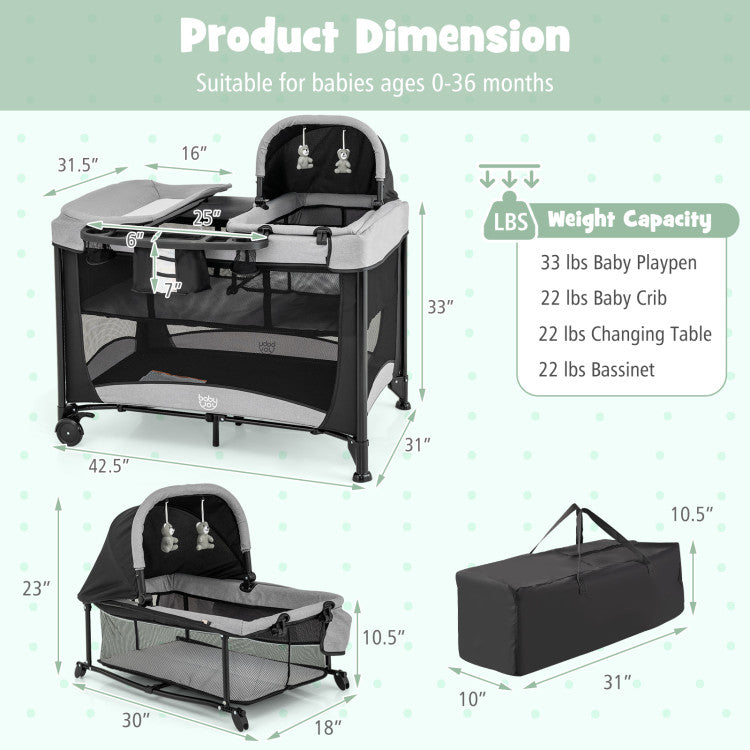 5-in-1 Portable Baby Playard with Changing Table and Storage Basket