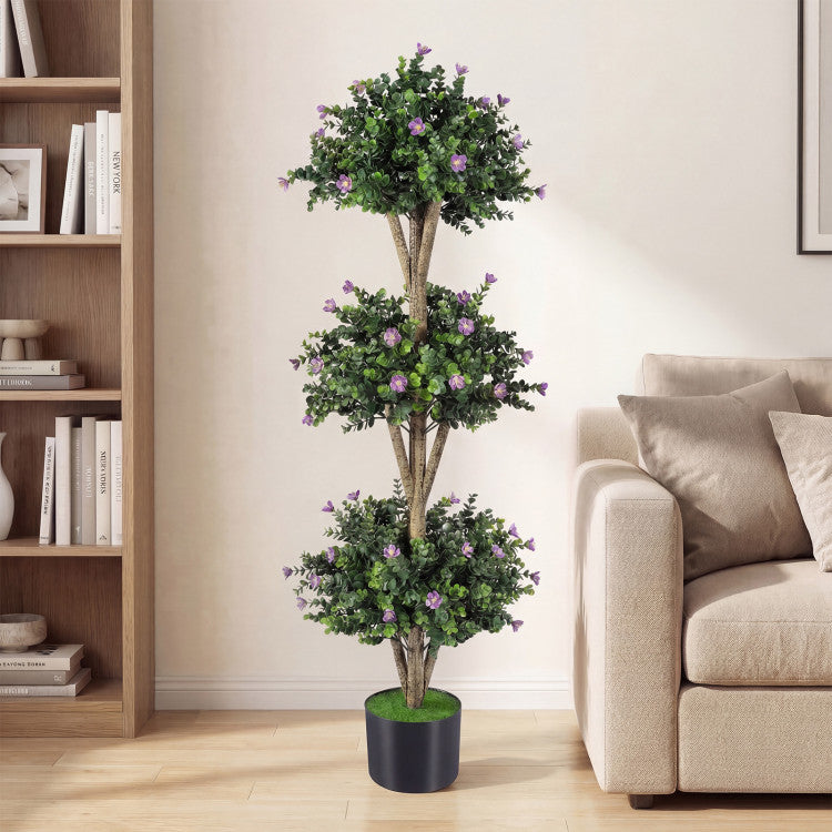 51" Artificial Triple Ball Boxwood Topiary Tree with 59 Blossoms