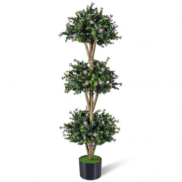 51" Artificial Triple Ball Boxwood Topiary Tree with 59 Blossoms