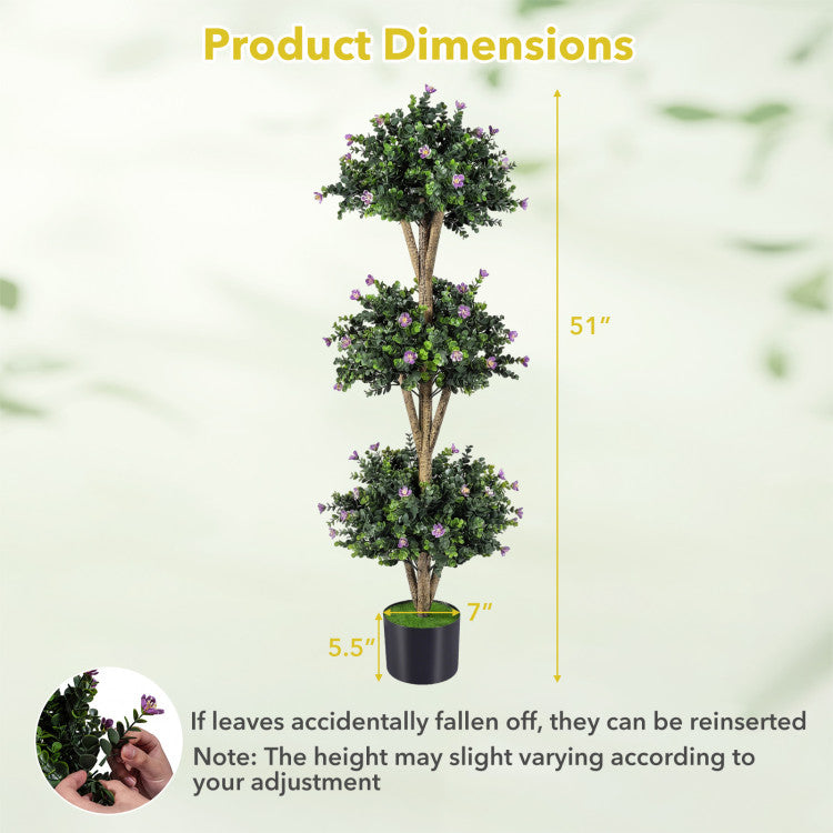 51" Artificial Triple Ball Boxwood Topiary Tree with 59 Blossoms